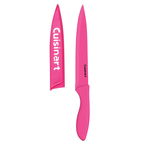 Cuisinart slicing tomato with pink knife demonstrating easy precise cutting