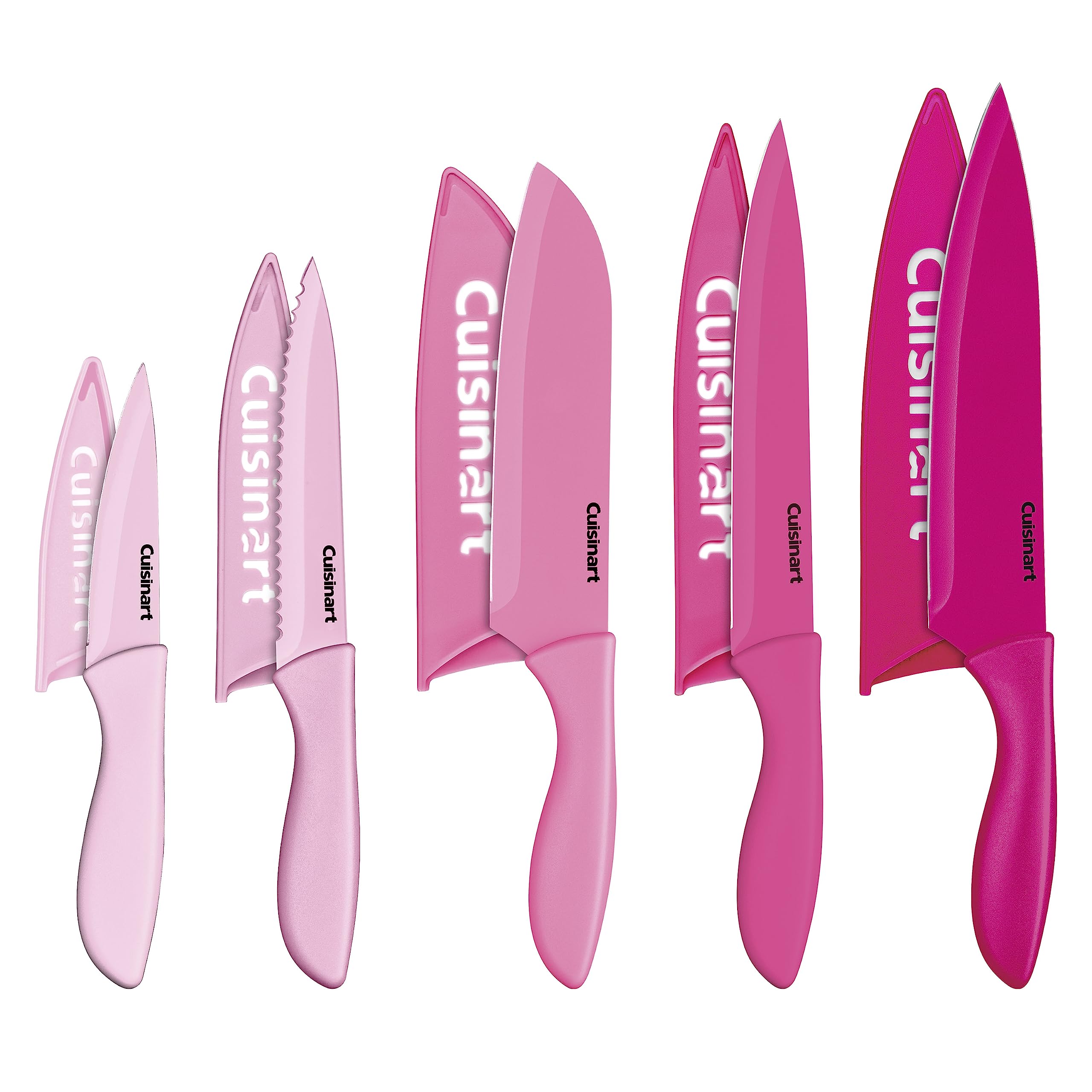 Cuisinart pink set front view showing all ten knives and benefits of full kit