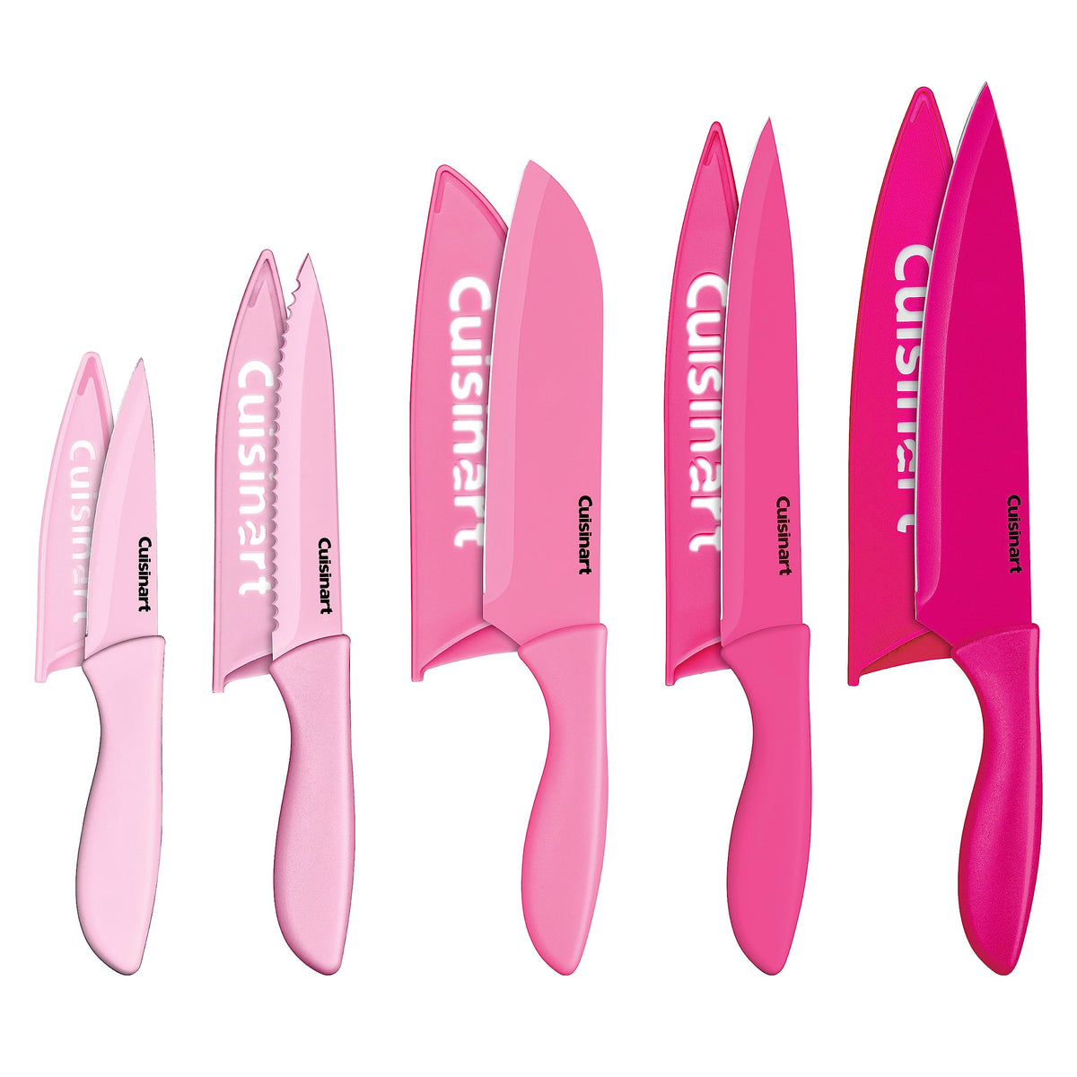 Cuisinart pink set front view showing all ten knives and benefits of full kit