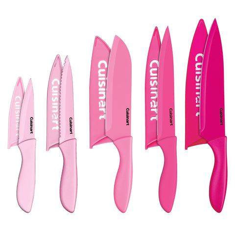 Cuisinart pink set front view showing all ten knives and benefits of full kit