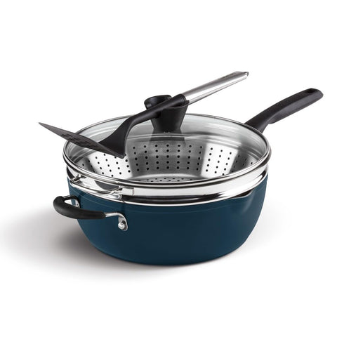 Cuisinart preferred pan front view showcasing nouveau navy finish and included lid