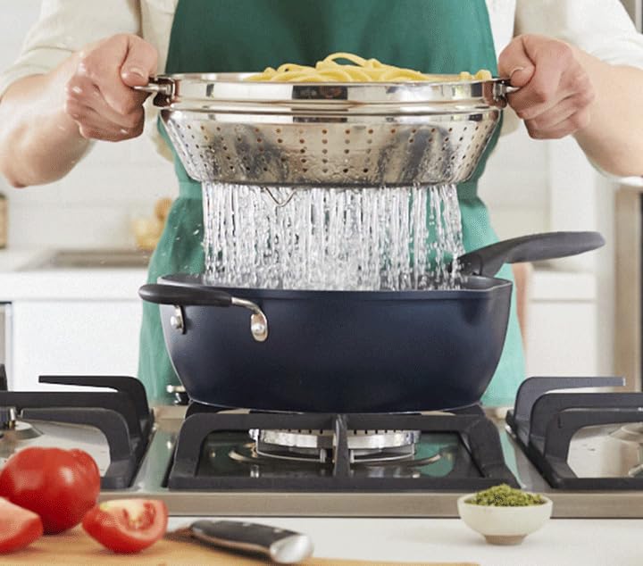 Cuisinart steamer insert in pan demonstrating steaming versatility and space saving