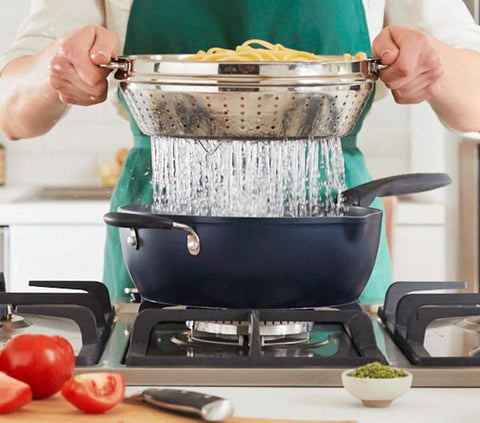 Cuisinart steamer insert in pan demonstrating steaming versatility and space saving