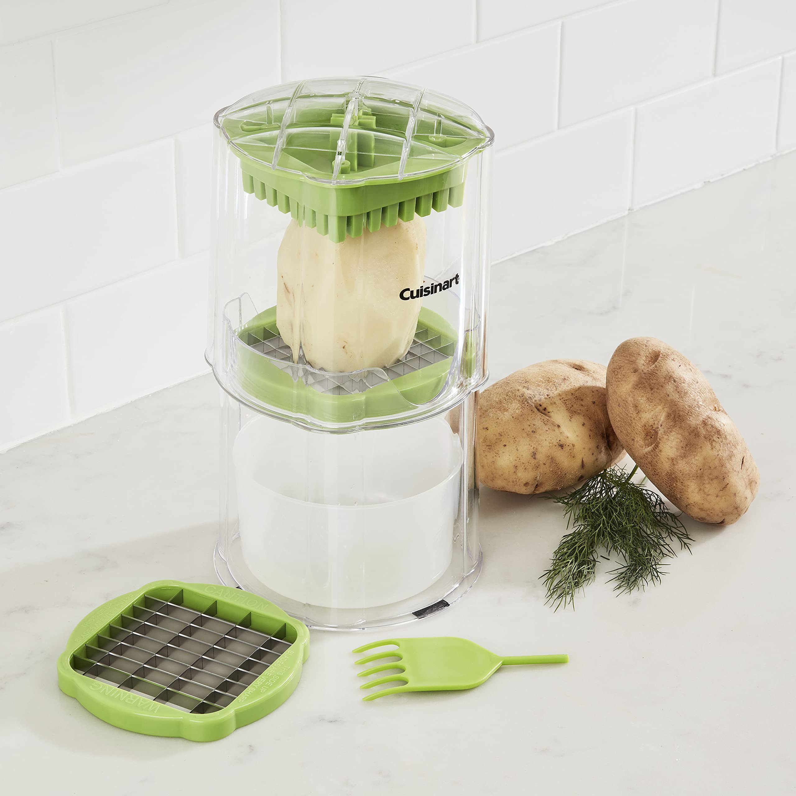 Cuisinart PrepExpress in use pressing a potato for safe, quick fry preparation