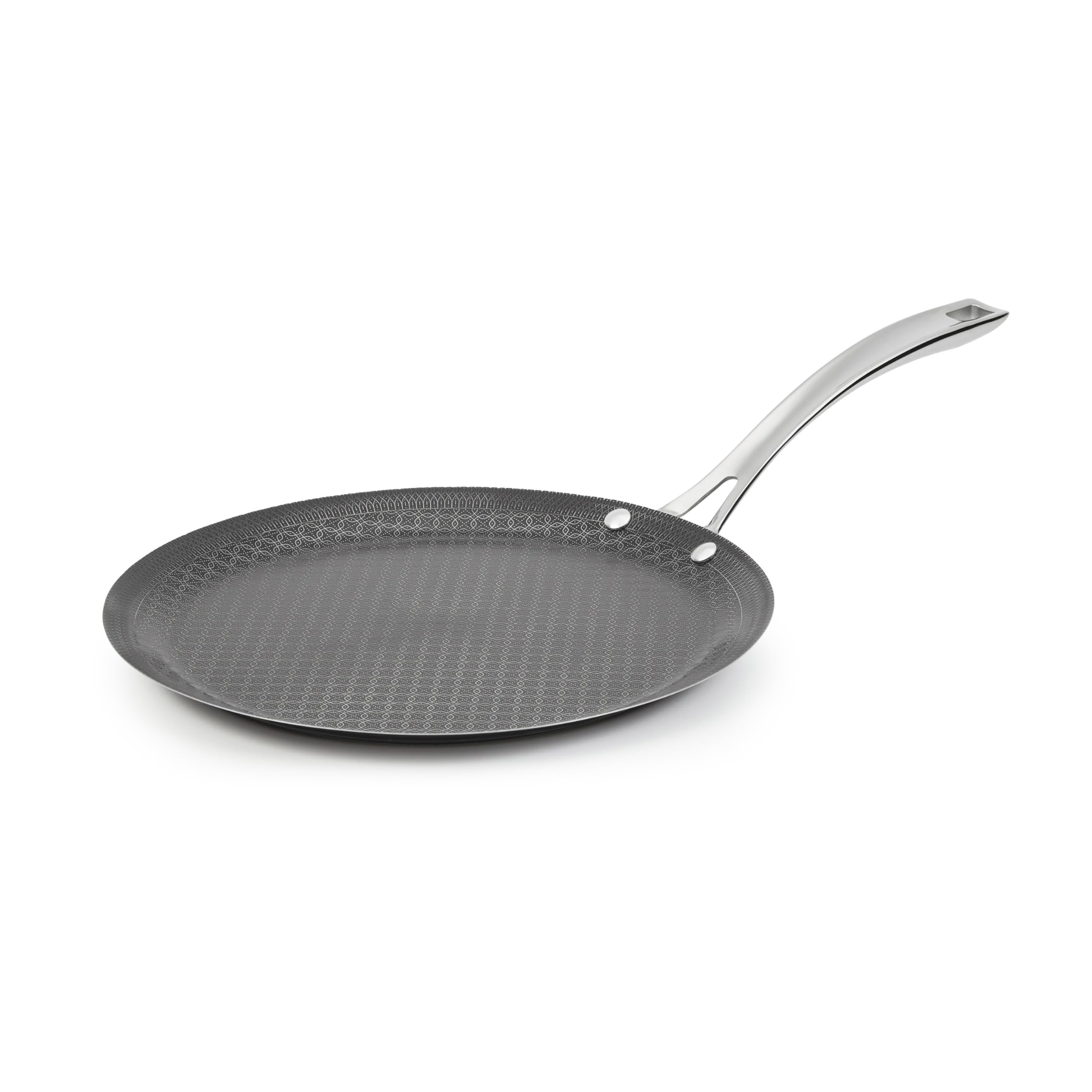 Cuisinart PurelySear front view showing flat 12-inch wall-free griddle and handle, ready to cook