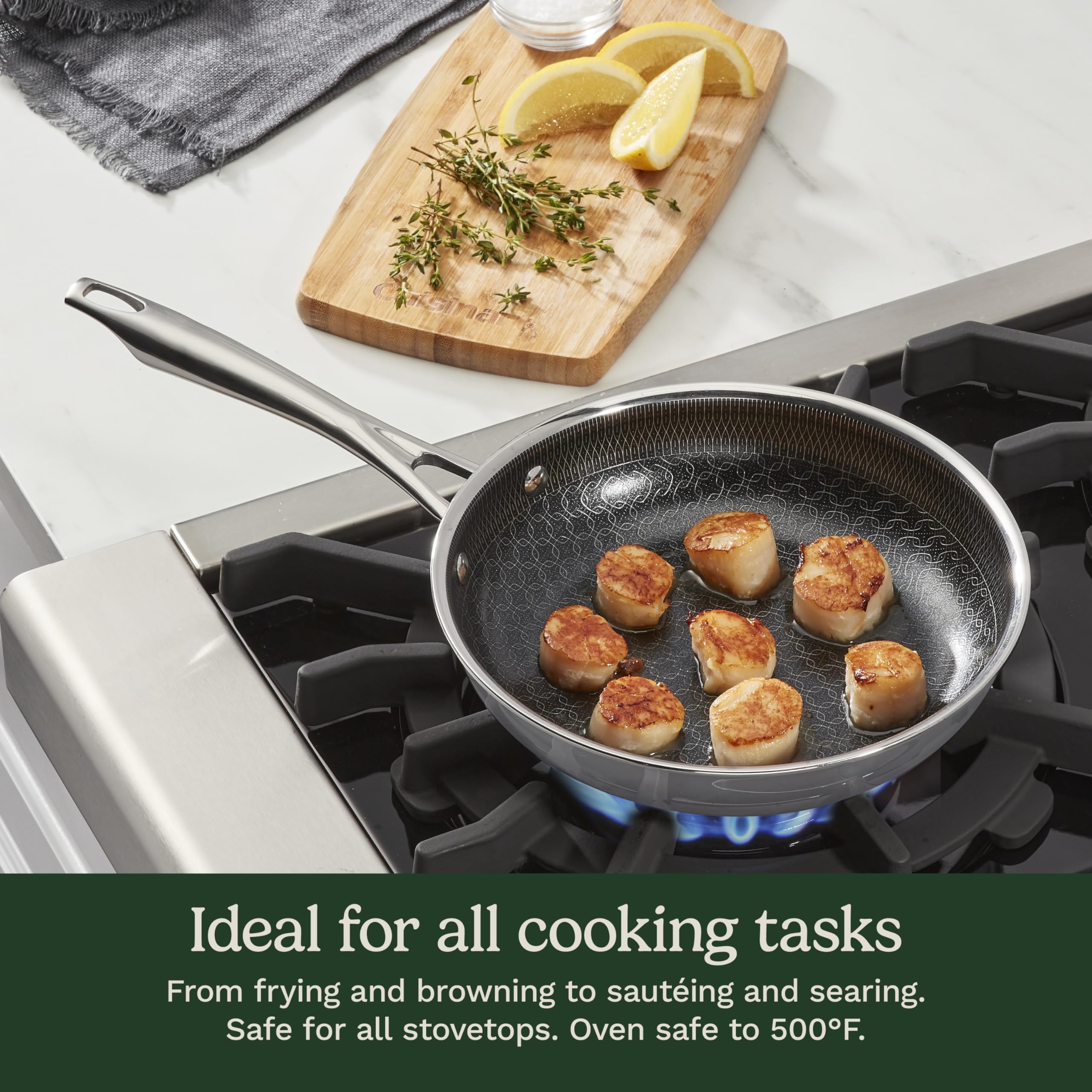 Cuisinart skillet in oven demonstrating safe use up to 500°F for finishing