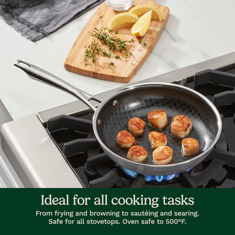 Cuisinart skillet in oven demonstrating safe use up to 500°F for finishing