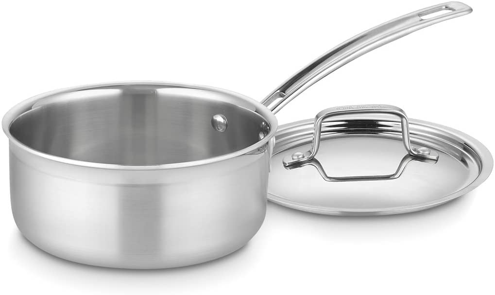 Cuisinart saucepan front view showing polished stainless body and tight lid for efficient cooking