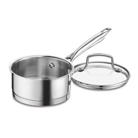 Cuisinart saucepan front view showing mirror finish and induction-ready base for even heat