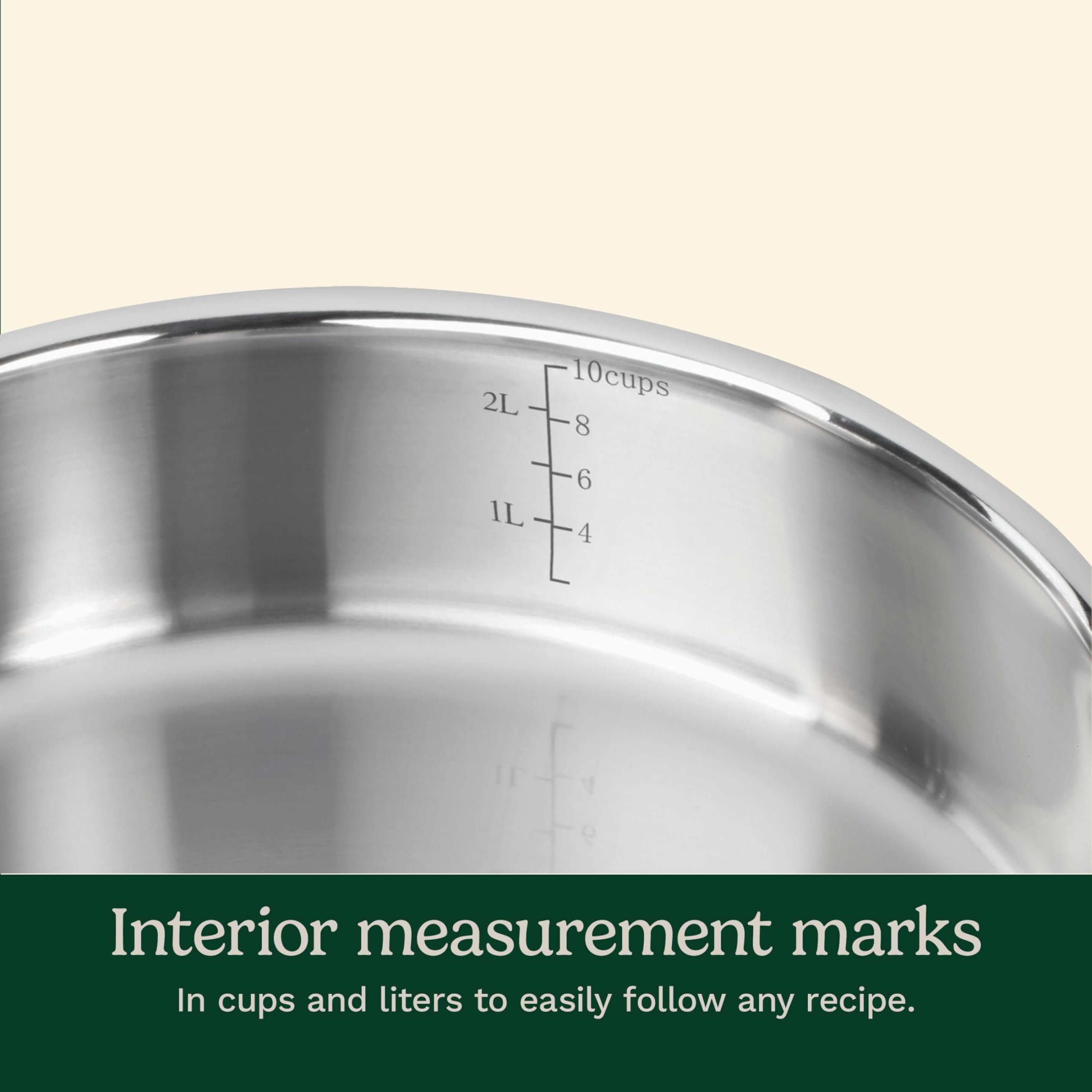 Interior of Cuisinart saucepan showing measurement markings for precise portioning and reduced mess