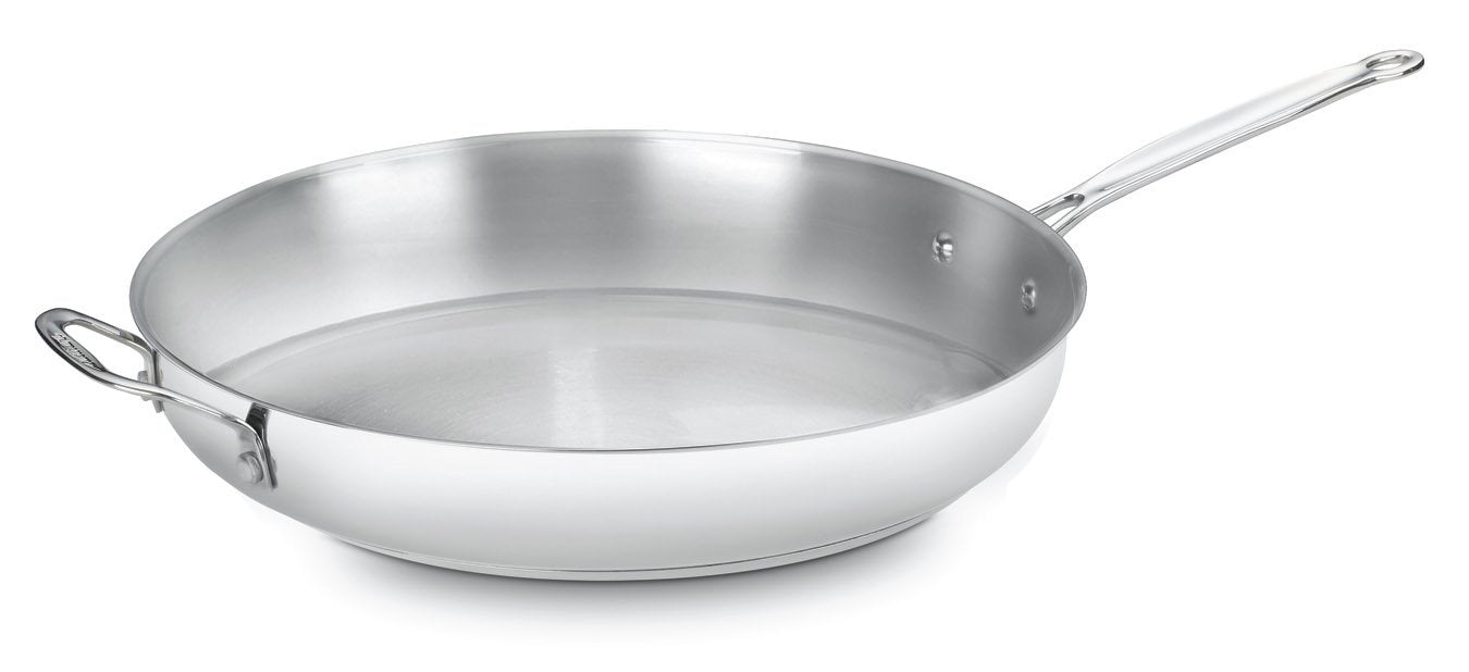 Cuisinart skillet in kitchen being lifted with helper handle for safe two-handed control