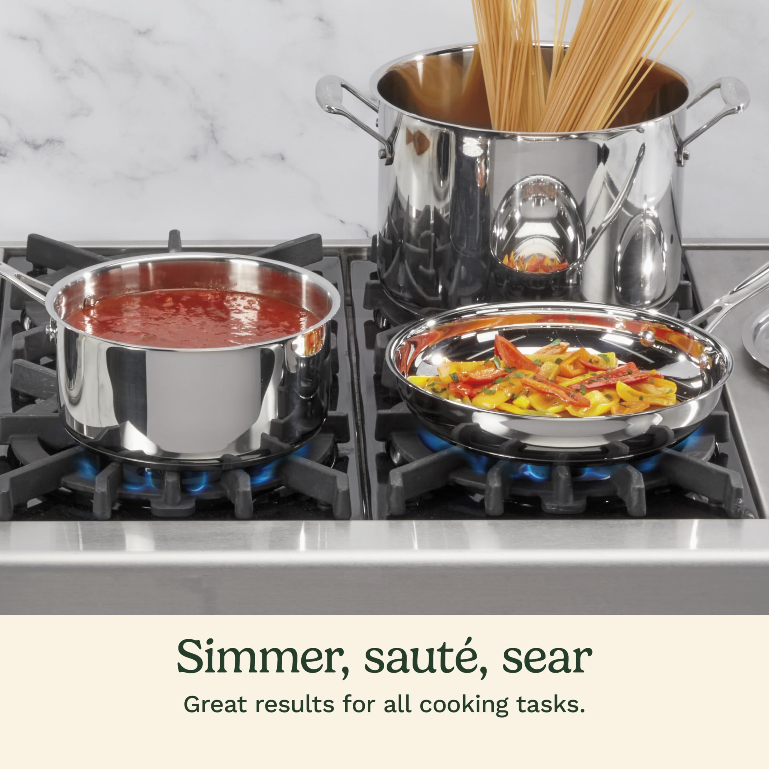 Cuisinart skillet searing steak to display even browning and fast heat distribution