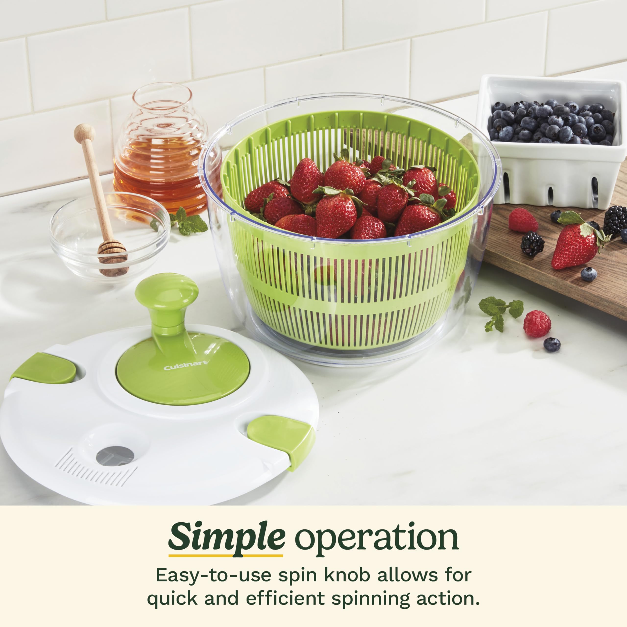 Cuisinart spinner in use with lettuce being rinsed and spun to speed up salad prep