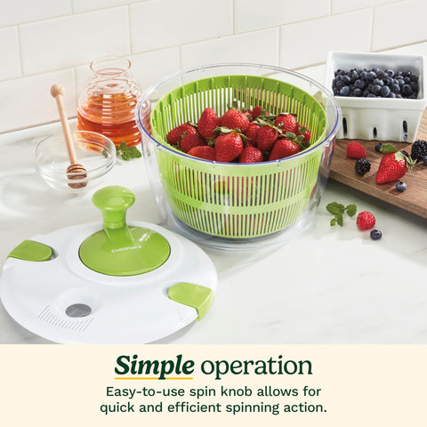 Cuisinart spinner in use with lettuce being rinsed and spun to speed up salad prep