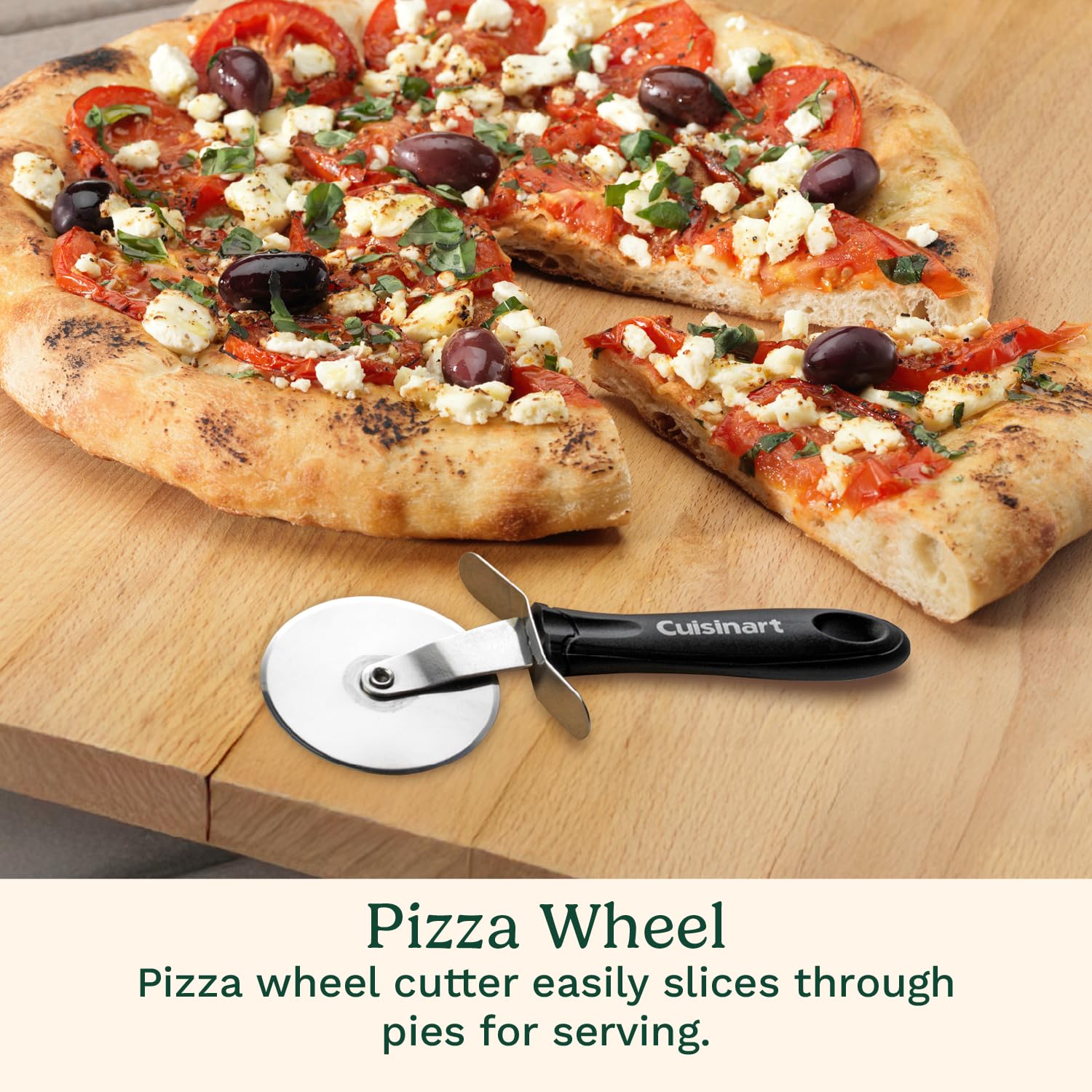 Cuisinart stainless steel pizza cutter detail offering sharp slicing and clean portioning