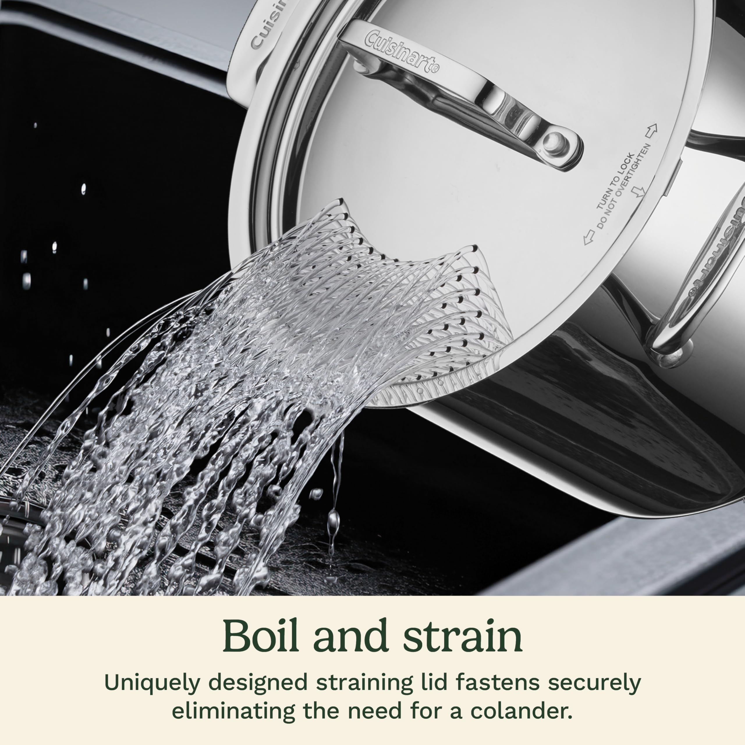 Cuisinart close-up of locking straining lid showing durable latch and fast drain