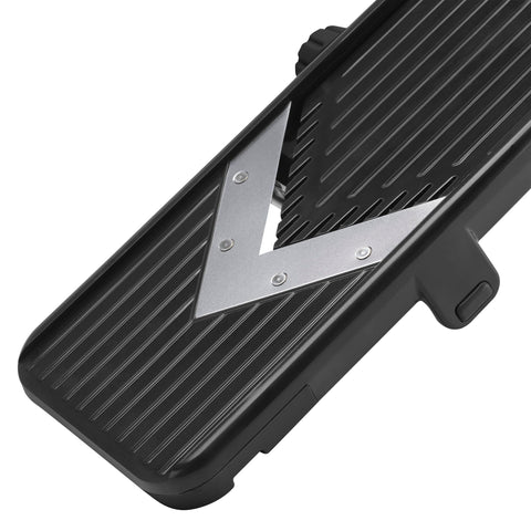 Cuisinart blade close-up highlighting stainless steel V-blade for cleaner, easier slicing