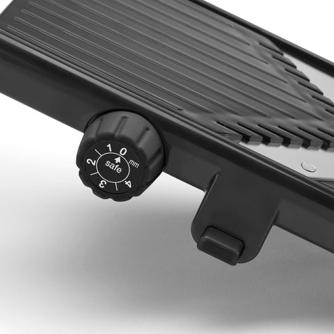 Cuisinart mandoline collapsed on counter demonstrating nonslip stand and compact storage