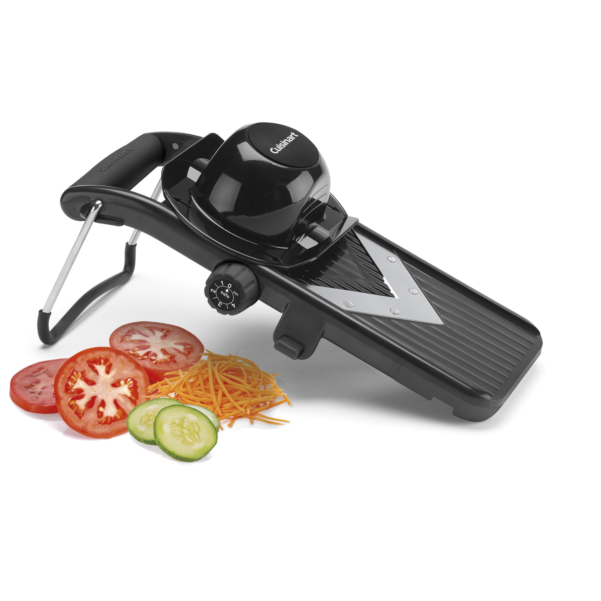 Cuisinart mandoline in kitchen with sliced vegetables showing fast, uniform results