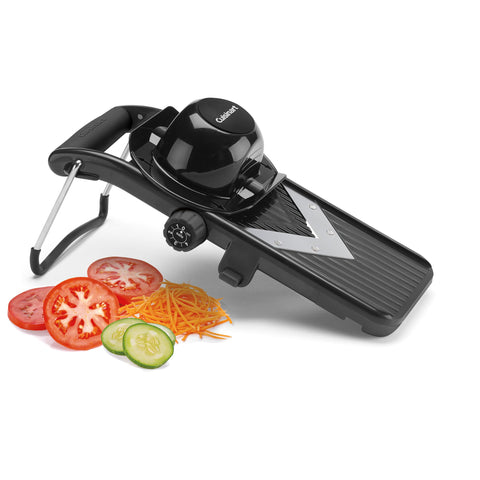 Cuisinart mandoline in kitchen with sliced vegetables showing fast, uniform results