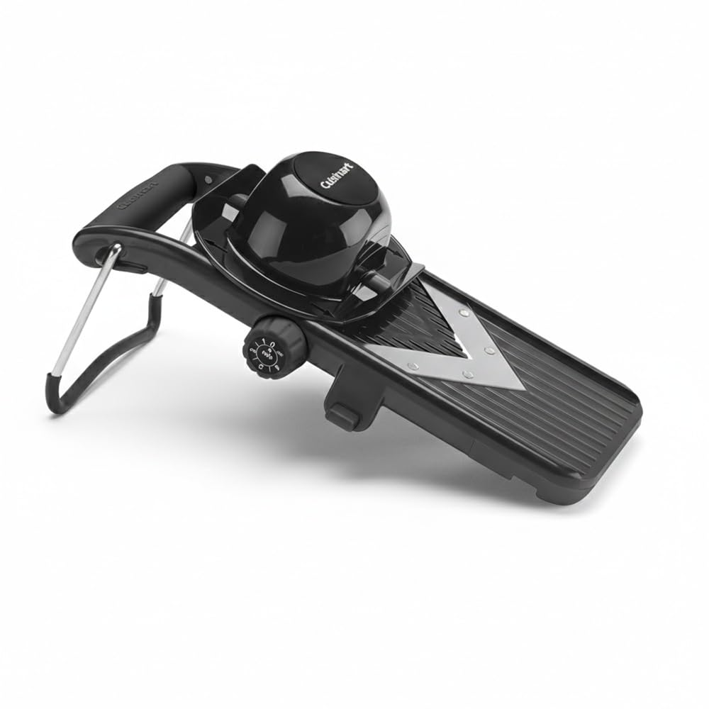 Cuisinart V-Blade mandoline front view showing controls and compact design for quick prep