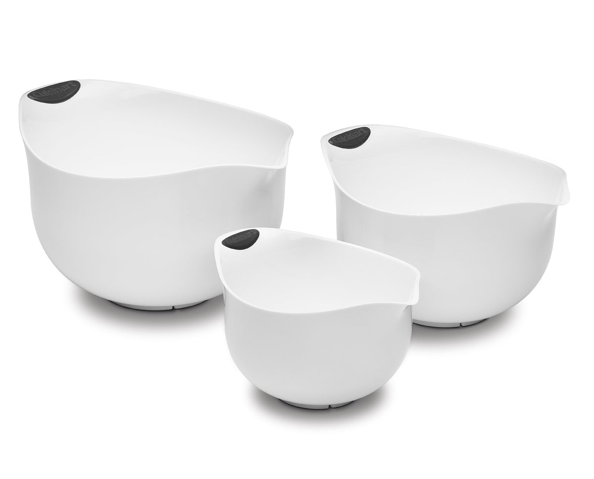 Cuisinart white mixing bowls front view showing set and easy storage
