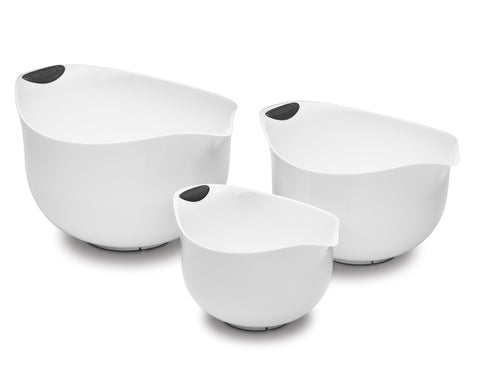 Cuisinart white mixing bowls front view showing set and easy storage