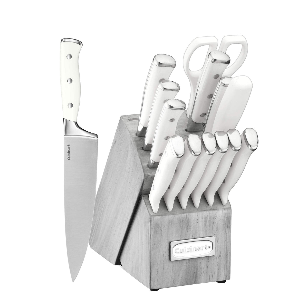 Cuisinart wooden block front view showing organized knives and compact storage benefit