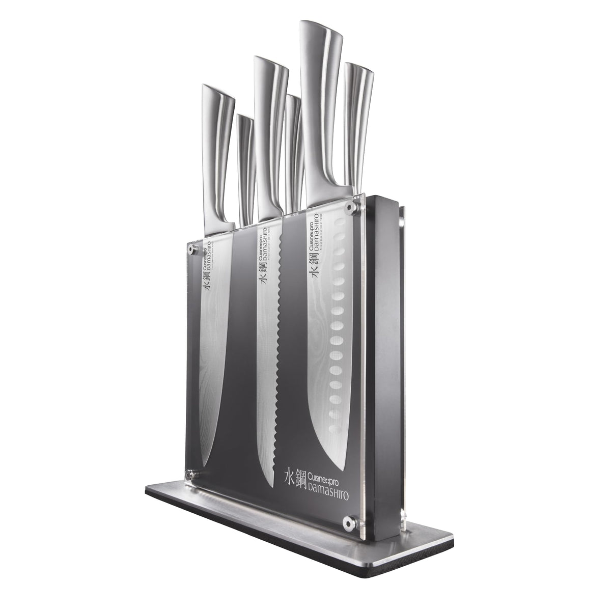 CUISINE::PRO full set front view showing seven knives and block, organized for quick access