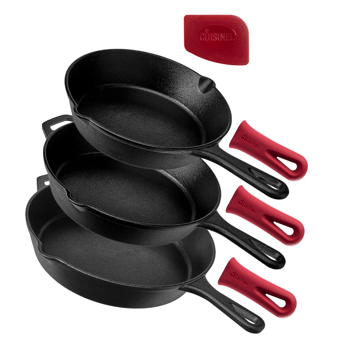 Cuisinel front view of skillet set showing pans and packaging for reliable cookware