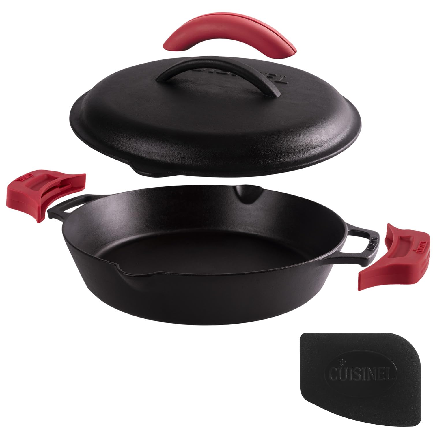 Cuisinel front view of 12-inch skillet and lid showing durable build and tight fit