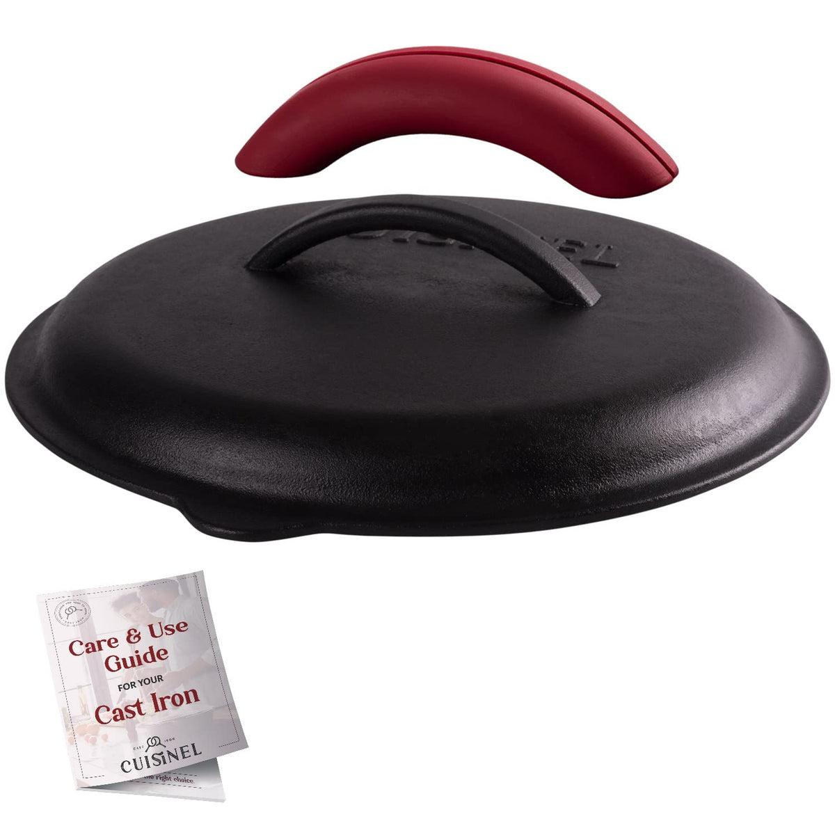 Cuisinel cast iron lid front view showing fit and sturdy construction for even heat