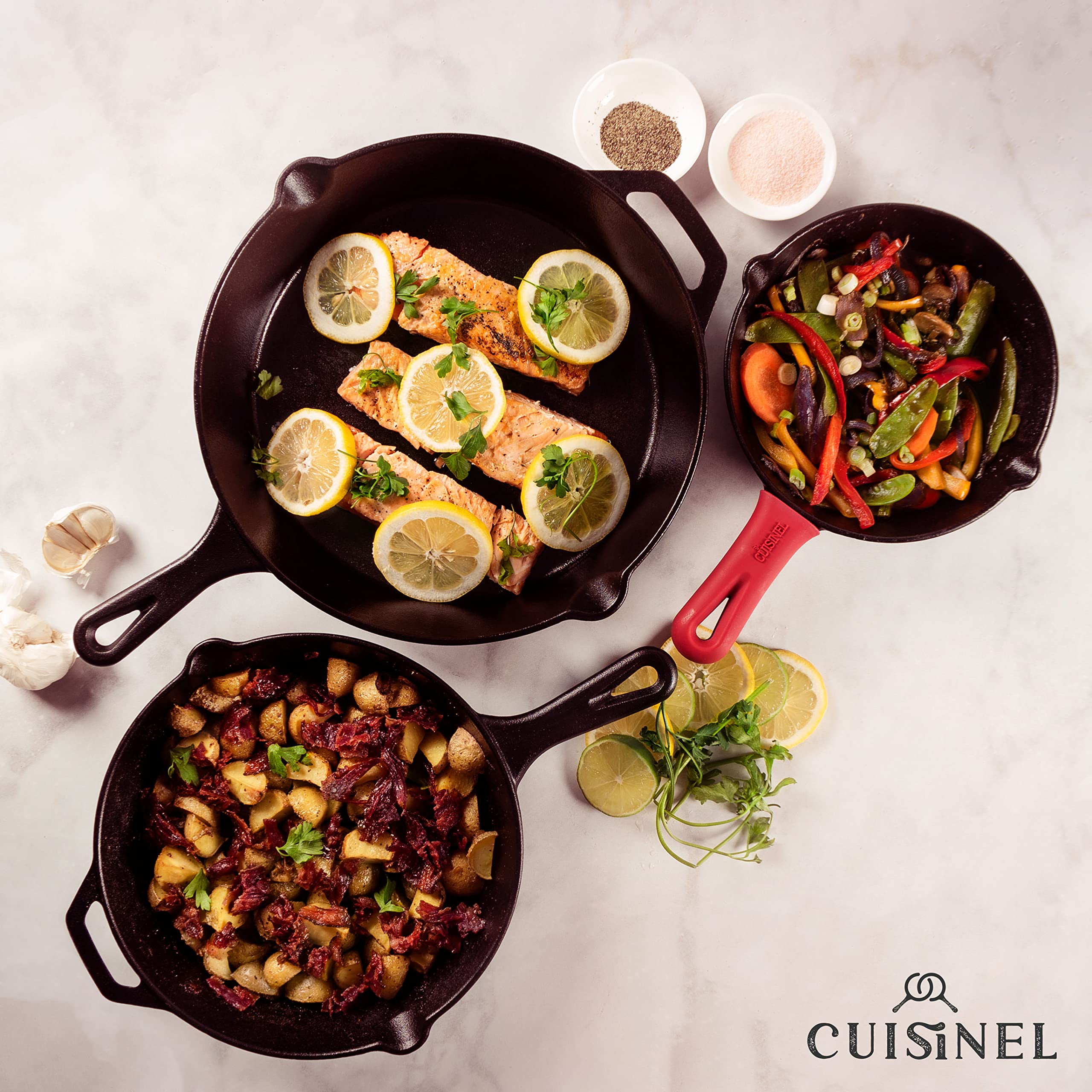 Cuisinel pouring sauce from skillet pour spout highlighting drip-free transfer