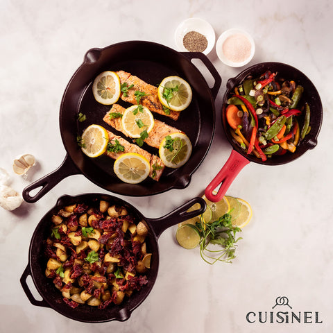 Cuisinel pouring sauce from skillet pour spout highlighting drip-free transfer