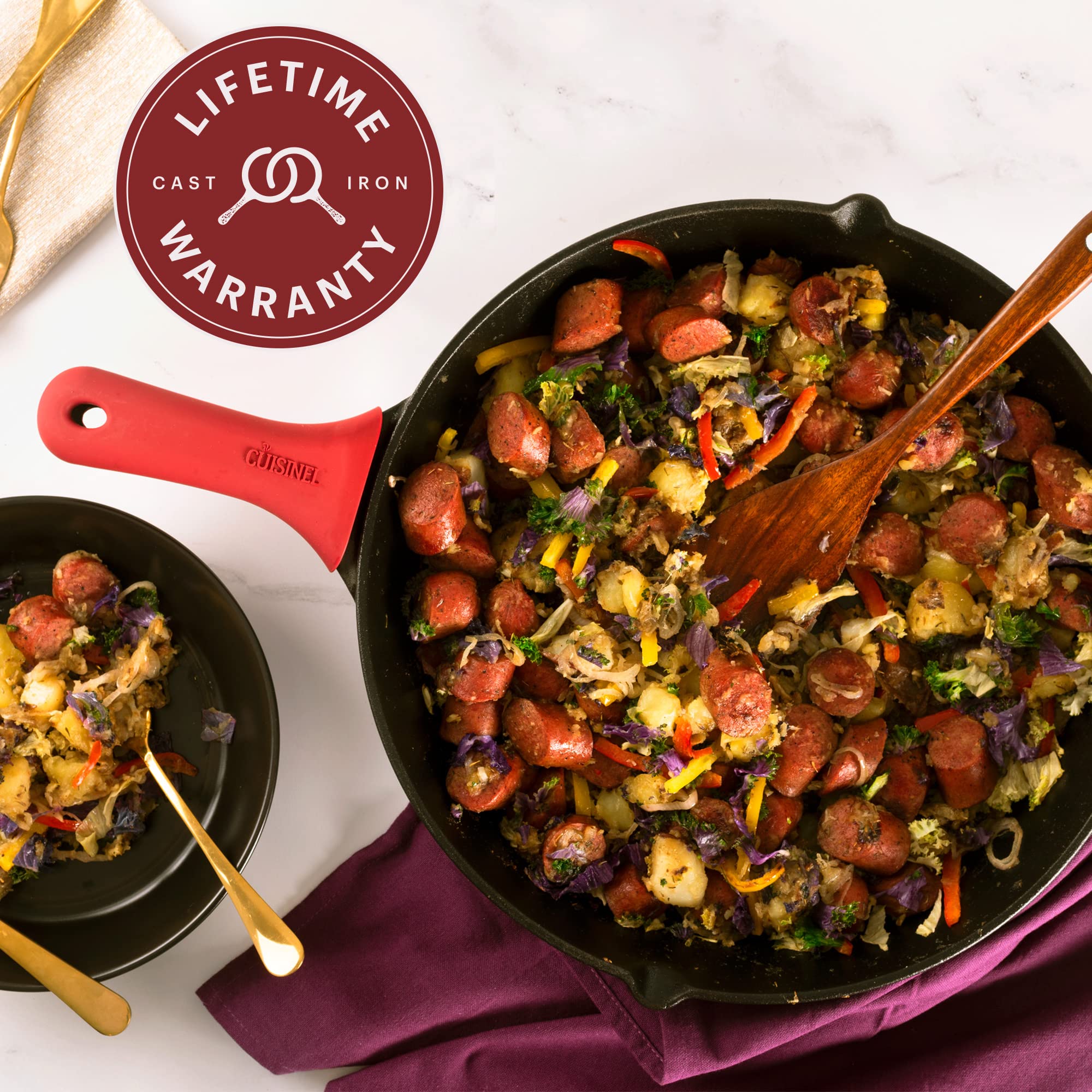 Cuisinel skillet with baked casserole in oven illustrating braising and baking versatility