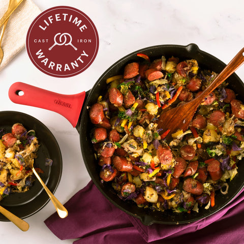Cuisinel skillet with baked casserole in oven illustrating braising and baking versatility