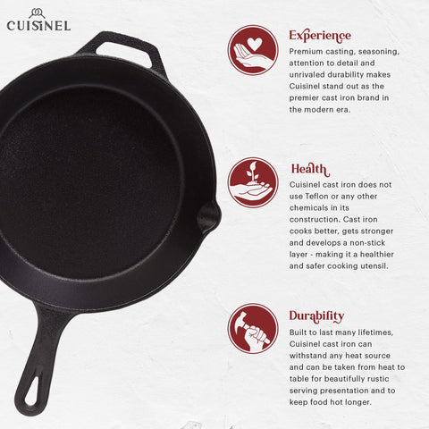 Cuisinel skillet close-up of smooth seasoned surface for even cooking