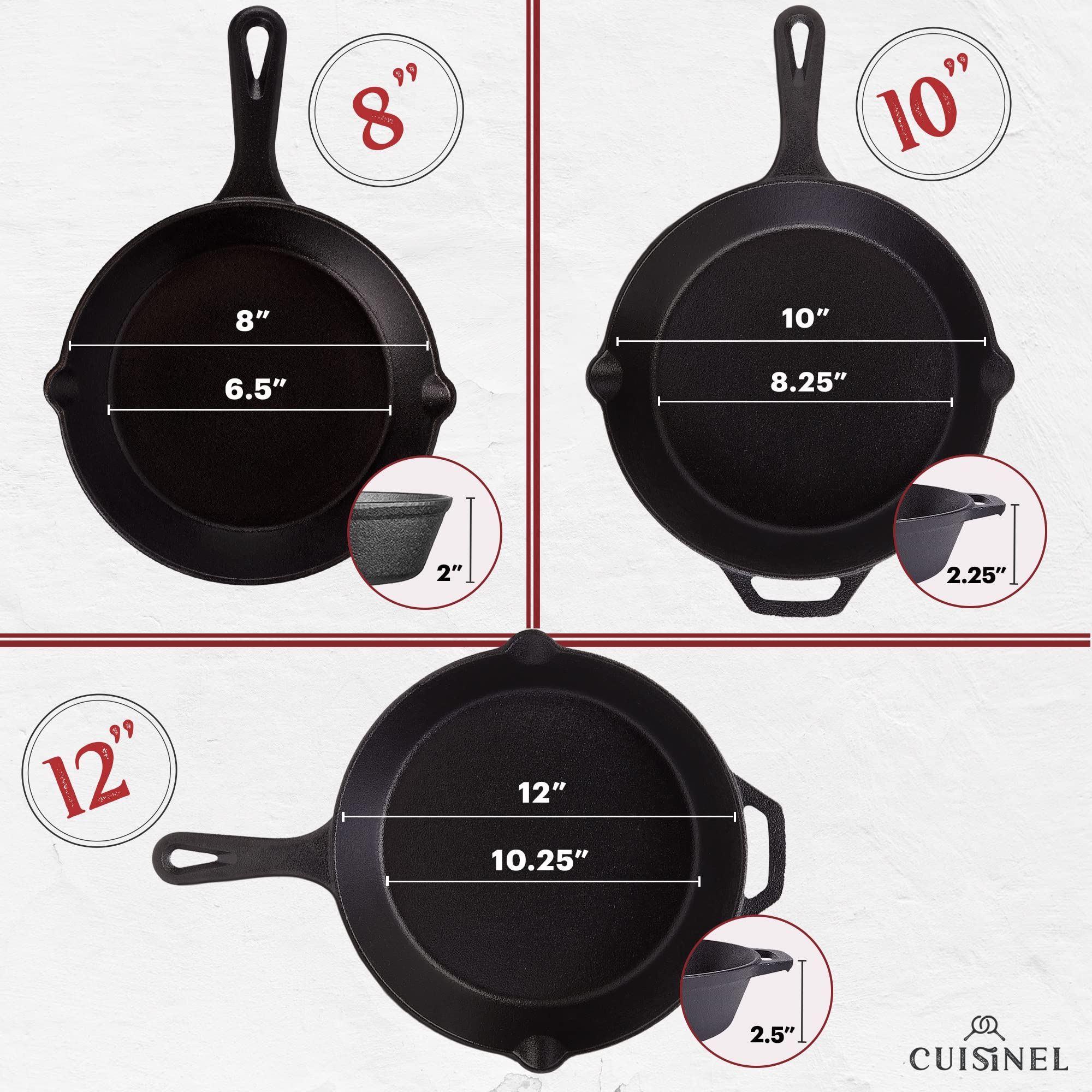 Cuisinel top-down view of 8, 10, 12 inch pans illustrating size range and versatility