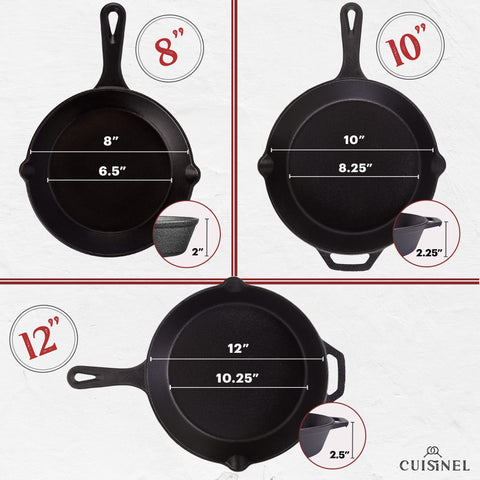 Cuisinel top-down view of 8, 10, 12 inch pans illustrating size range and versatility