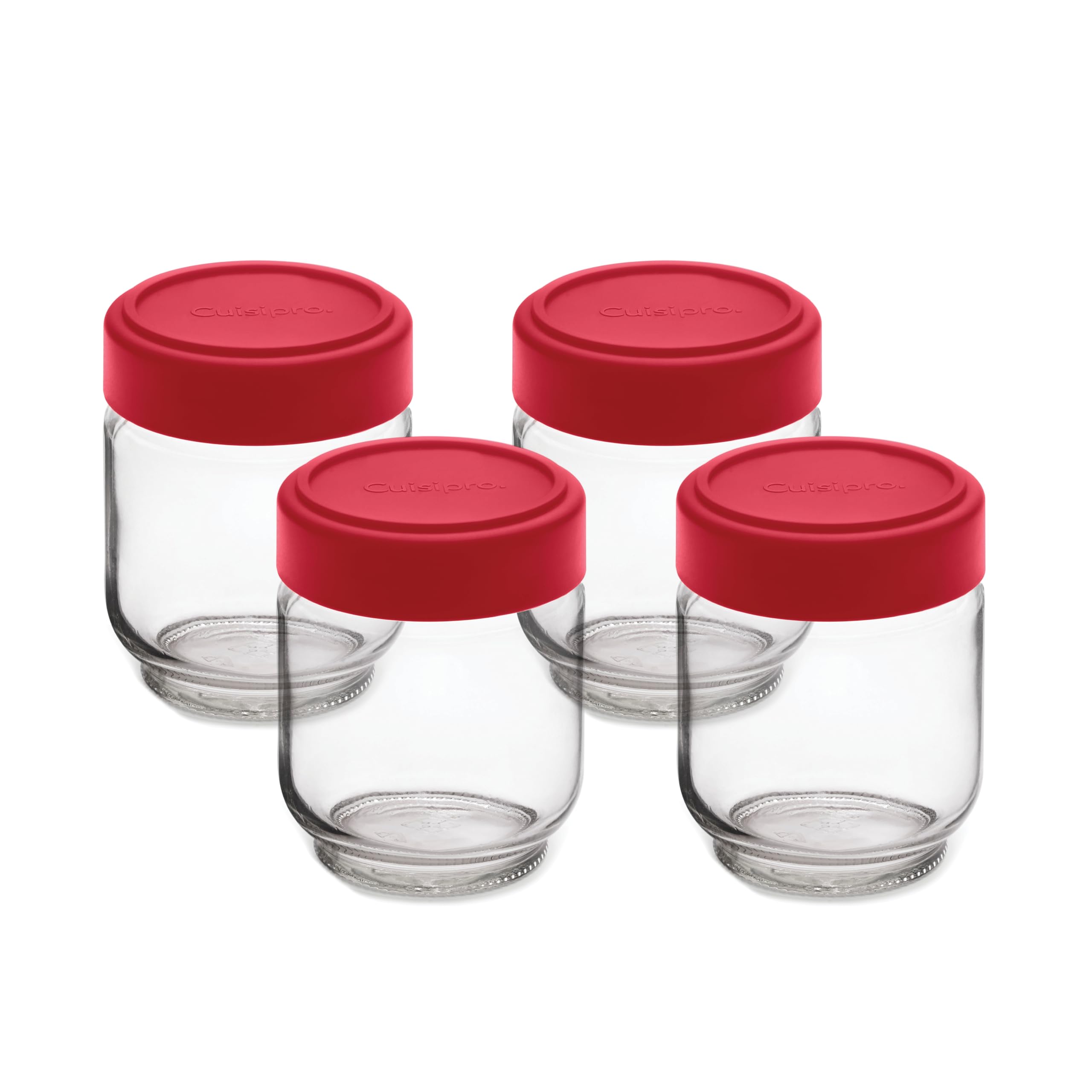 Cuisipro front view of four 6 oz jars showing compact pack and clarity