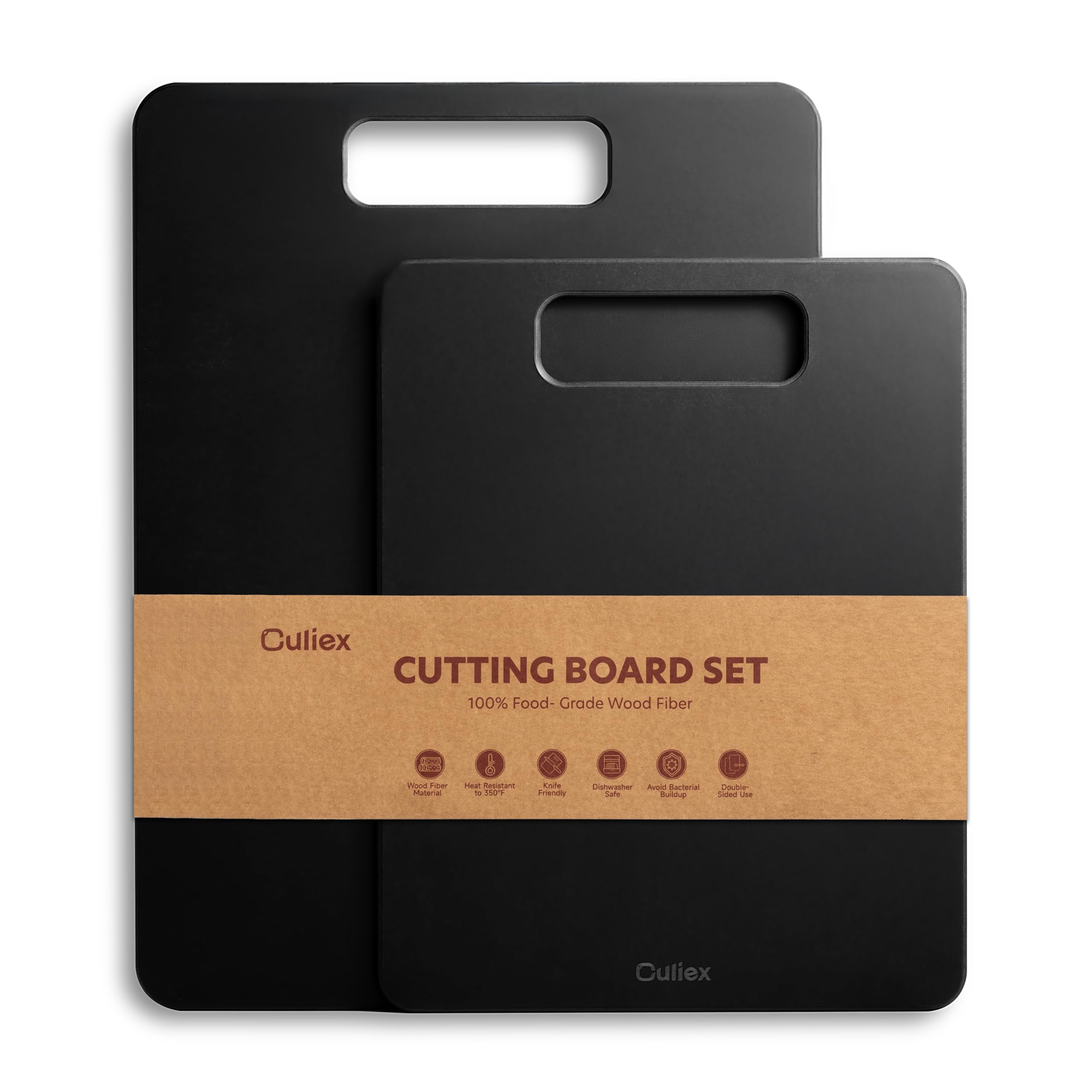 Culiex front view board set showing sleek black finish and handles, ideal for prep
