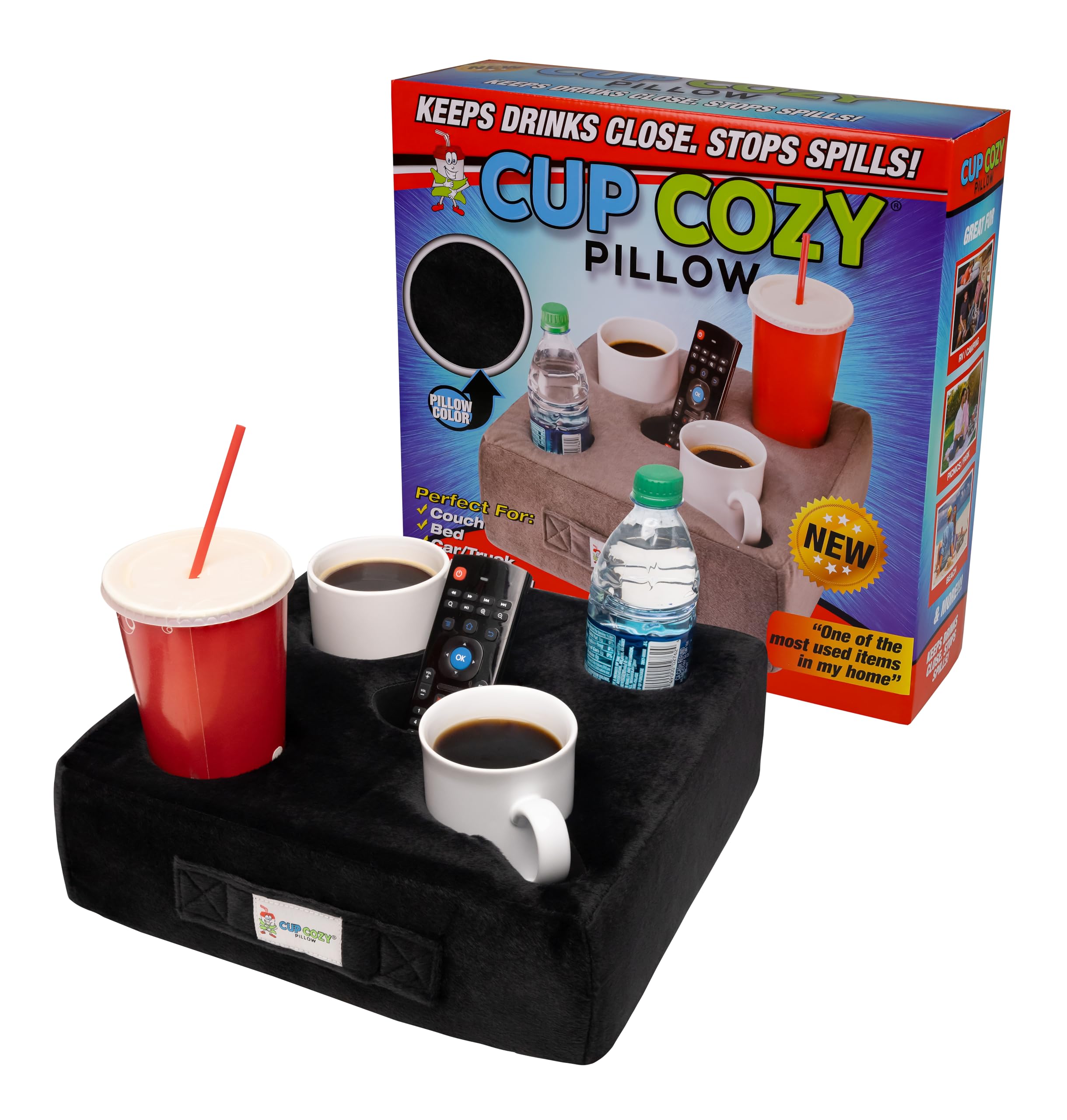 Cup Cozy Pillow front view showing five cup holes and pockets for tidy drinks