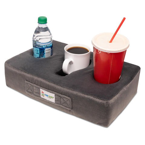 Cup Cozy Pillow front view showing gray cup wells and caddy benefit spill prevention