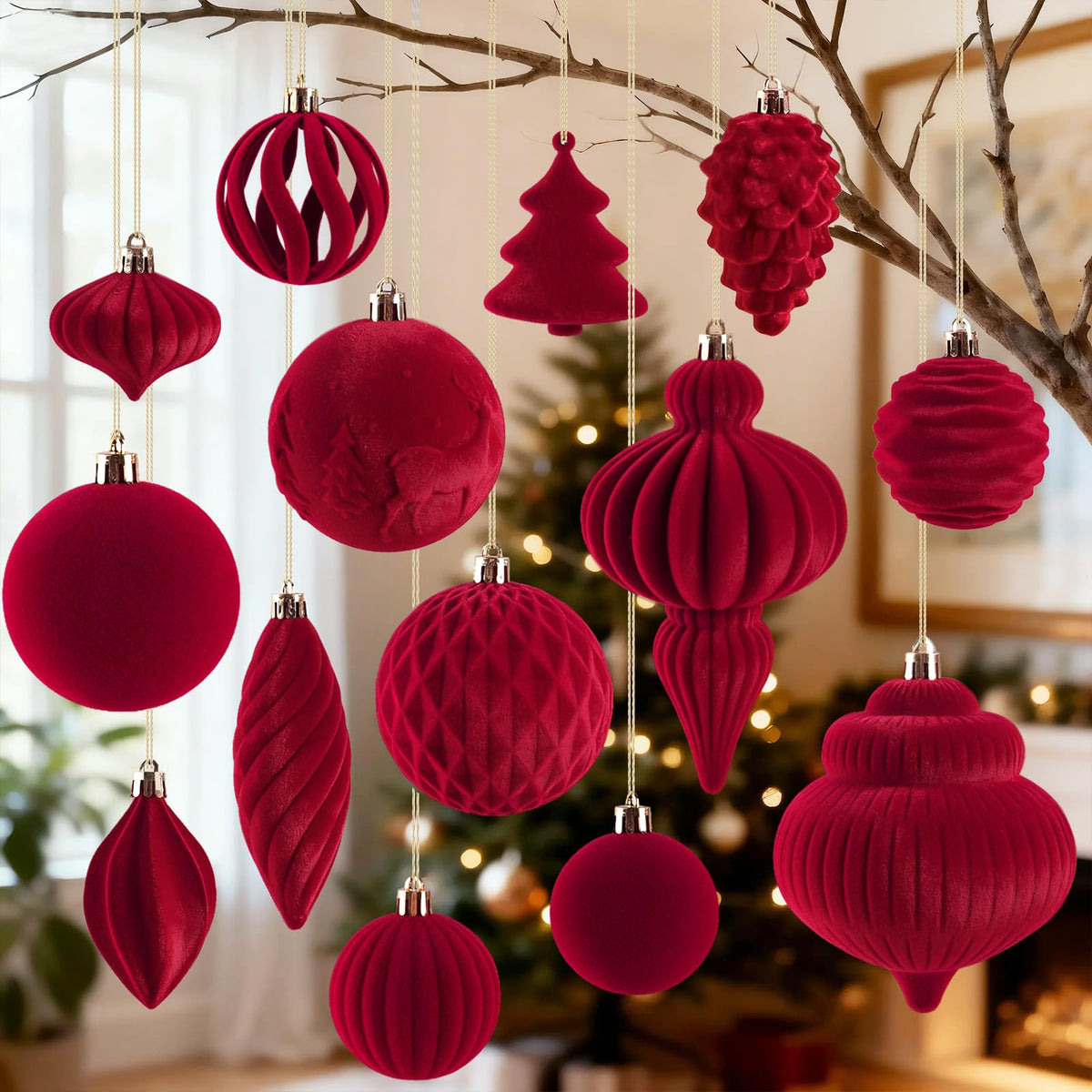 CUPLOOV front view of 18-piece burgundy velvet ornament set showing coordinated look and value