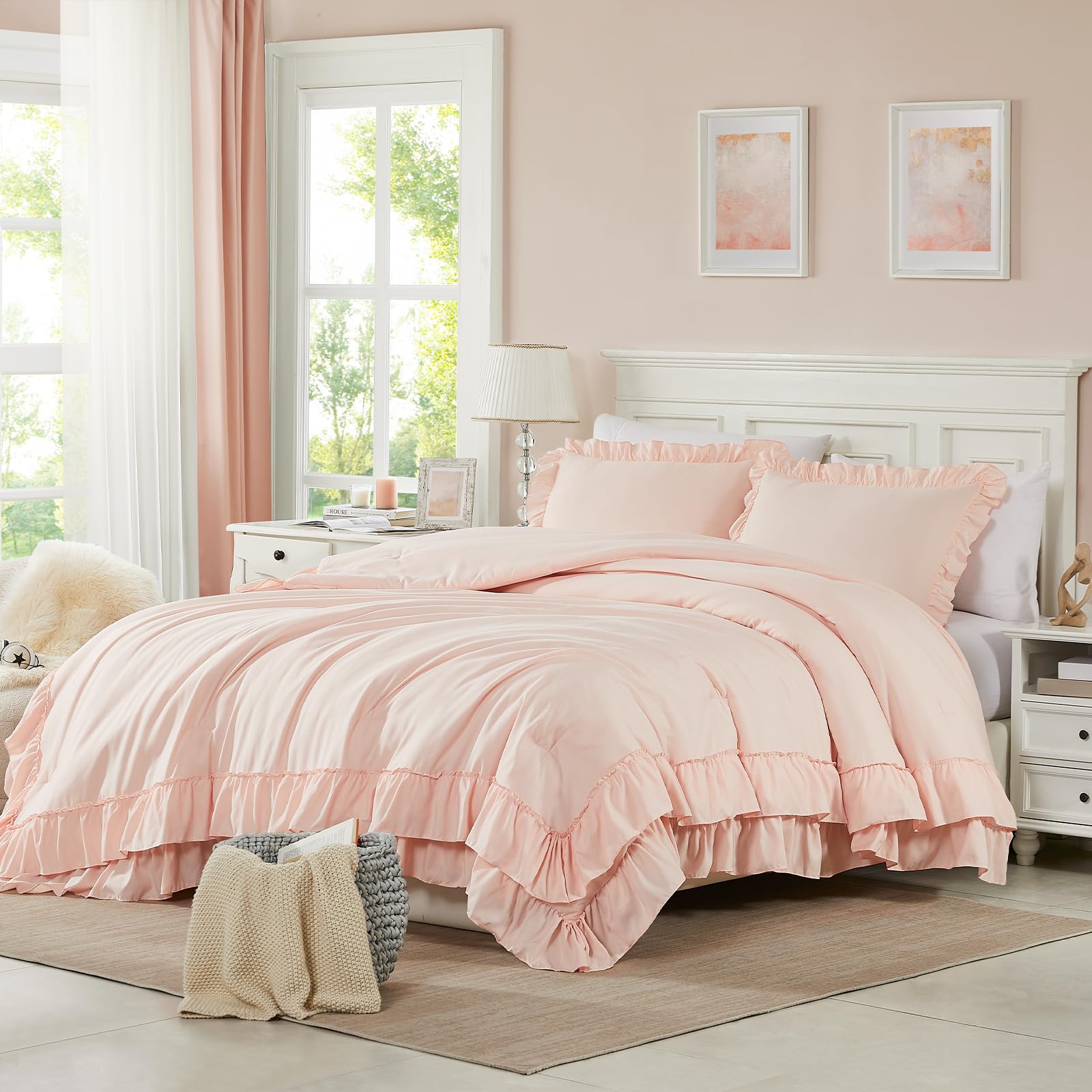 Cupocupa front view of blush pink comforter set showing elegant ruffle and soft look