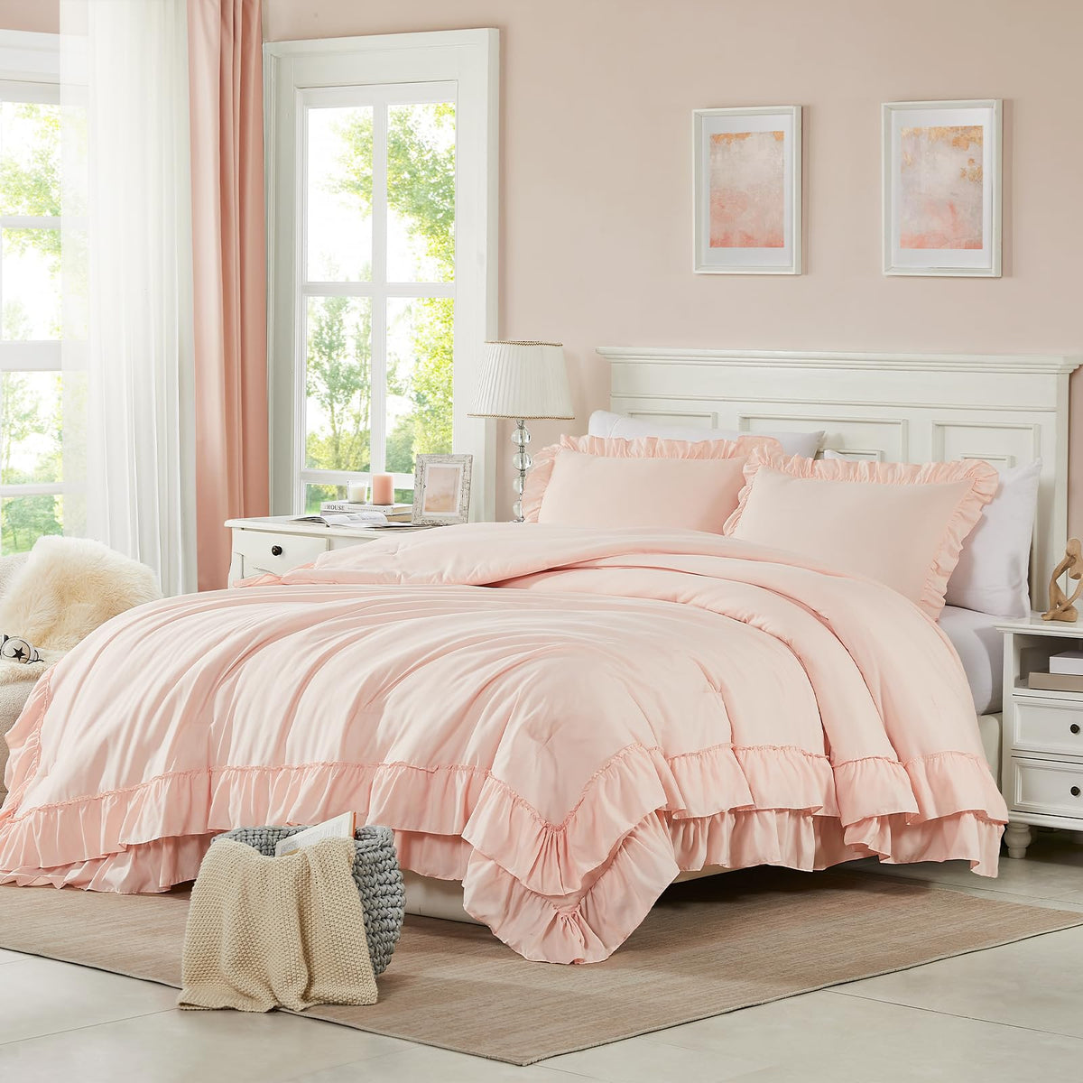 Cupocupa front view of blush pink comforter set showing elegant ruffle and soft look