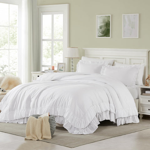 Cupocupa front view showing comforter set on bed and neat ruffled hems for elegant styling