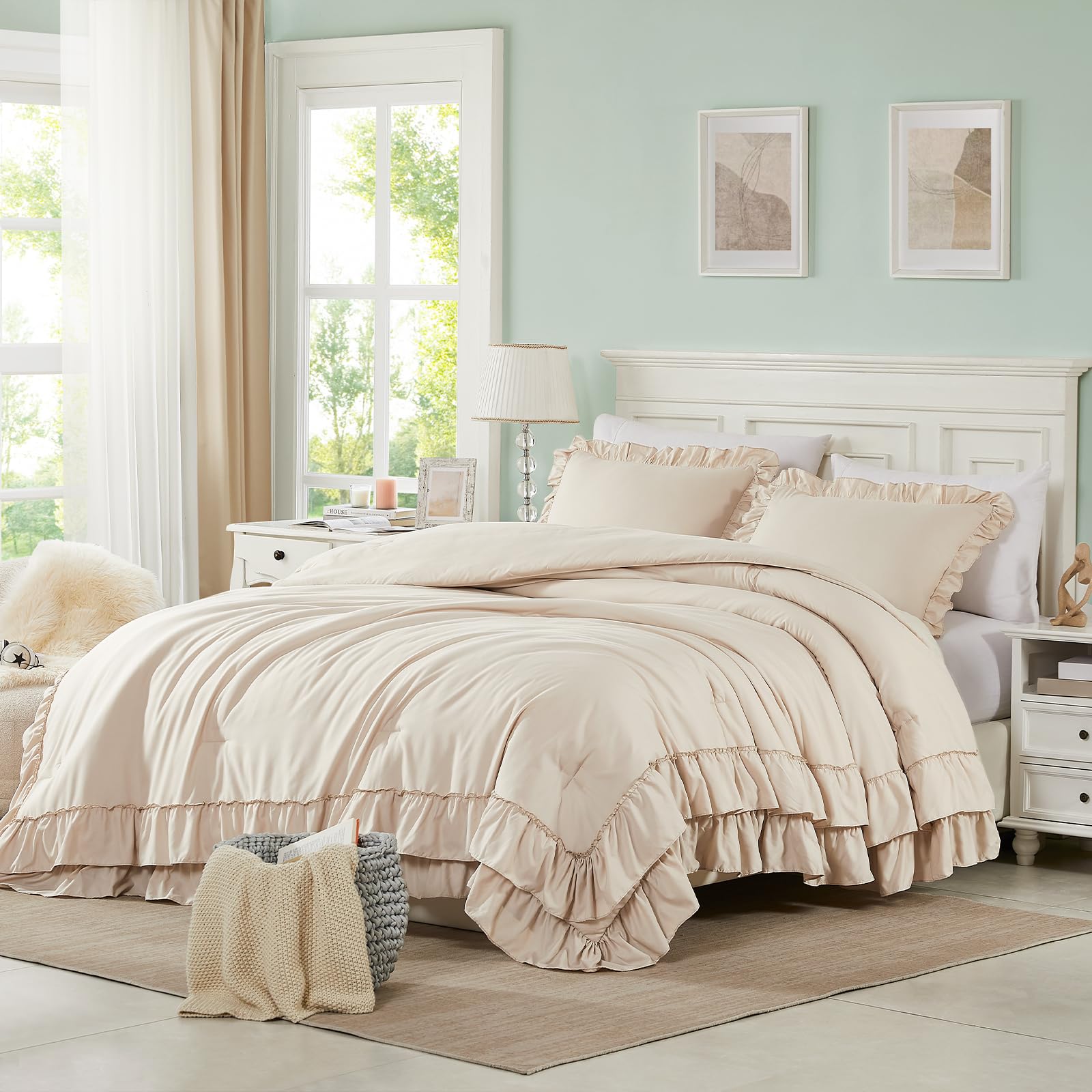 Cupocupa front view of beige comforter set showing ruffled farmhouse style and cozy appeal