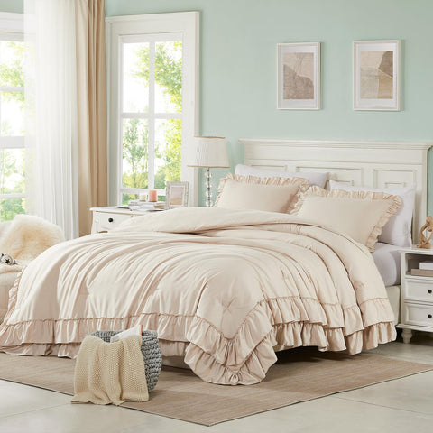 Cupocupa front view of beige comforter set showing ruffled farmhouse style and cozy appeal