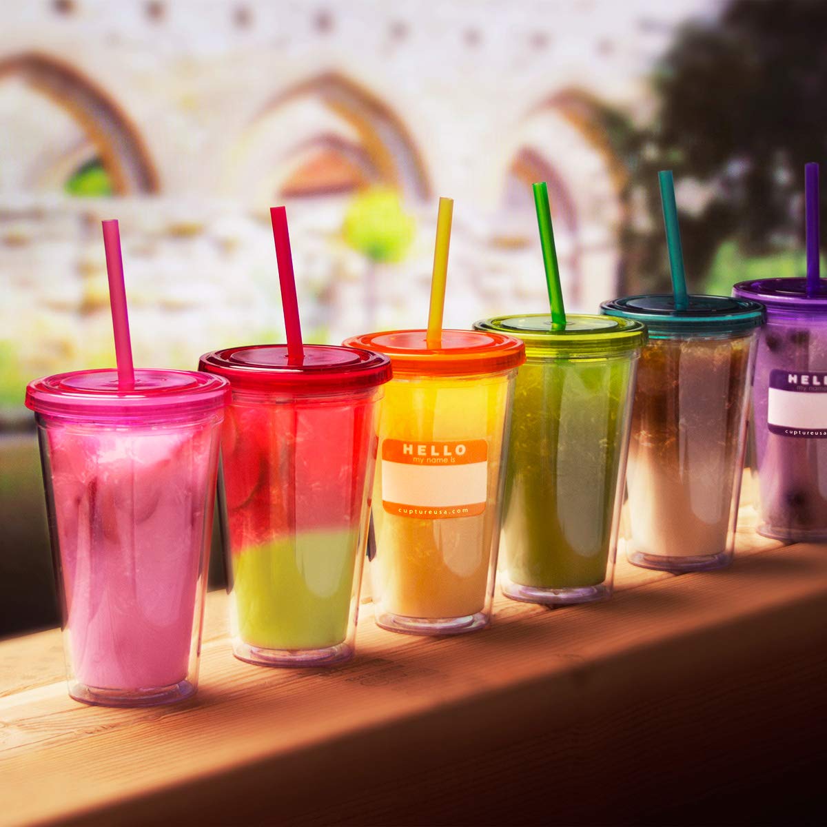 Cupture arranged candy-colored cups highlighting color options for identification